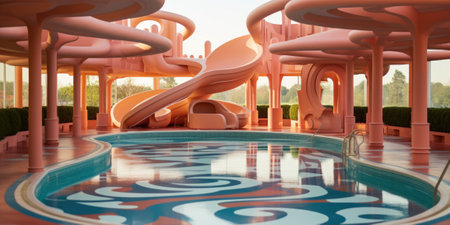 A pool with a slide in the middle of it. Generative AI image.の素材