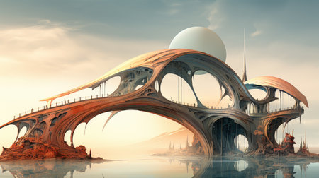 A futuristic bridge over a body of water. Generative AI image.の素材