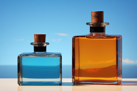 A couple of bottles sitting on top of a table. Generative AI image.の素材