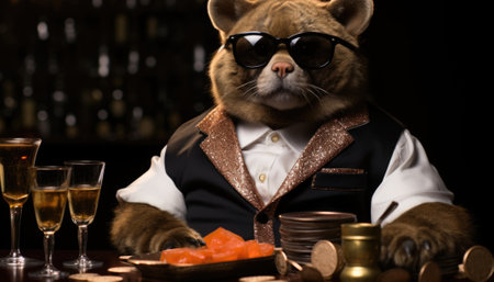 A teddy bear wearing sunglasses sitting at a table. Generative AI image.の素材