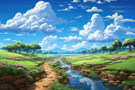 A painting of a stream running through a lush green field. Generative AI image.の素材