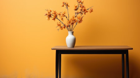 A vase with flowers on a table against a yellow wall. Generative AI image.の素材