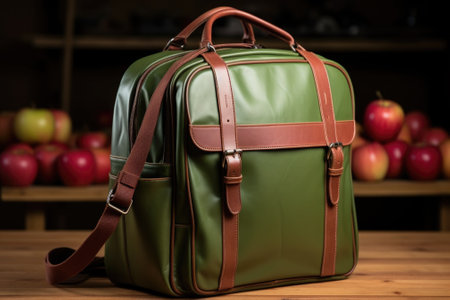 A green backpack sitting on top of a wooden table. Generative AI image.の素材