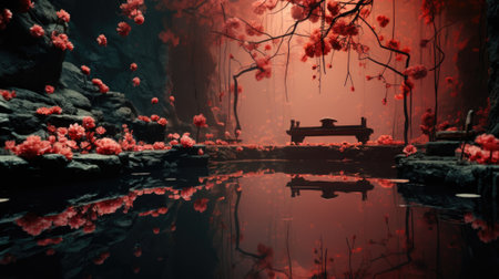 A bench sitting in the middle of a lake surrounded by flowers. Generative AI image.の素材