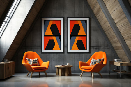 A room with two orange chairs and a coffee table. Generative AI image.の素材