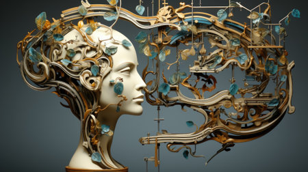 A sculpture of a womans head with a bunch of flowers in her hair. Generative AI image.の素材