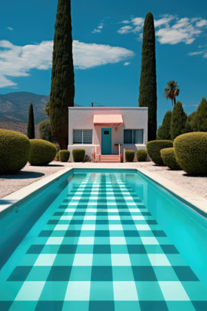 A pool with a checkered pattern in front of a house. Generative AI image.の素材