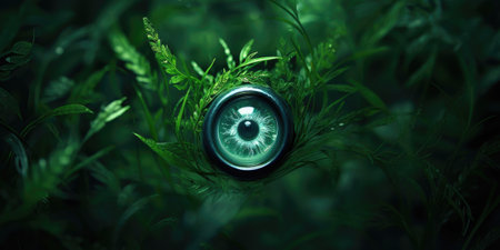 A close up of single round eye in a field of grass. Generative AI image.の素材