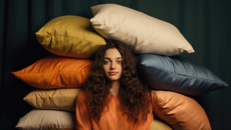 A woman sitting in front of a pile of pillows. Generative AI image.の素材