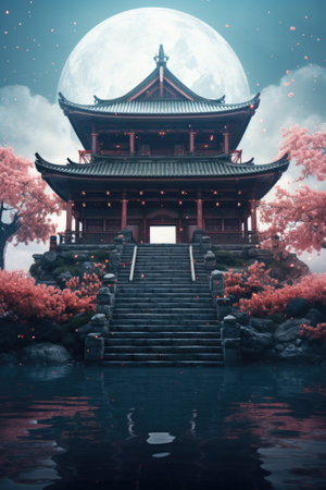 A building with stairs leading up to it in front of a full moon. Generative AI image.の素材