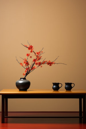 A table with two vases and a vase with flowers on it. Generative AI image.の素材