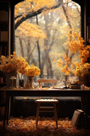 A table that has some flowers on it. Generative AI image.の素材