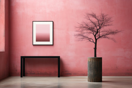 A pink room with a table and a tree. Generative AI image.の素材