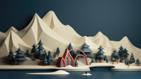 A paper model of a mountain with trees and a bridge. Generative AI image.の素材