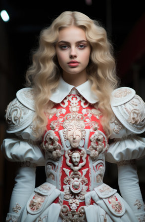 A woman with long blonde hair wearing a red and white dress. Generative AI image.の素材