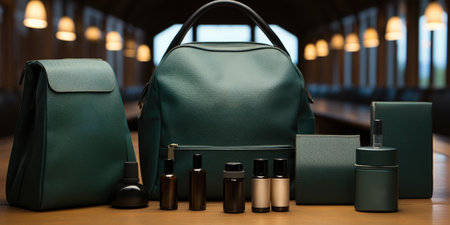 A green backpack, lipstick, and other items on a table. Generative AI image.の素材