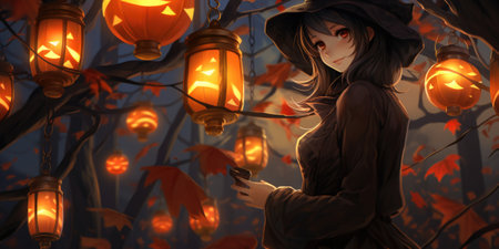 Anime girl in a forest with lanterns. AIの素材