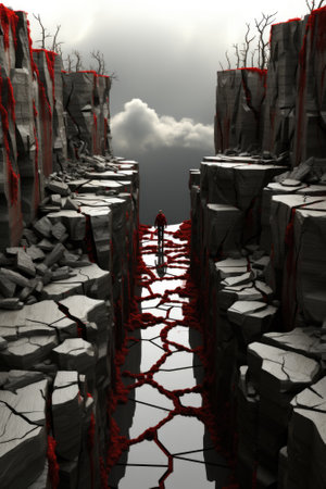 A man standing in the middle of a canyon with red blood. AIの素材