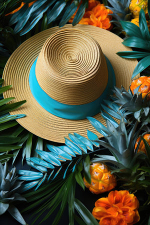 A hat and tropical flowers on a black background. AIの素材