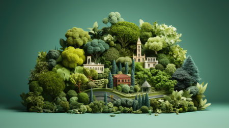A 3d illustration of a green forest with trees and buildings. AIの素材