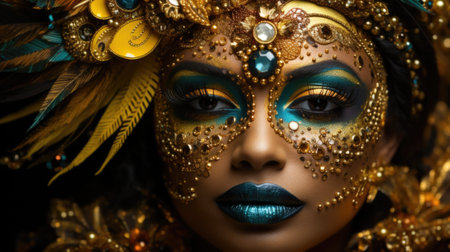 A woman with gold and blue makeup and feathers. AIの素材