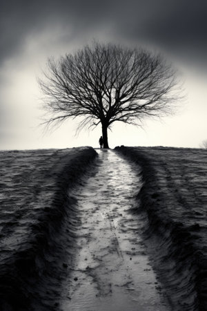 A lone tree stands in the middle of a field. AIの素材