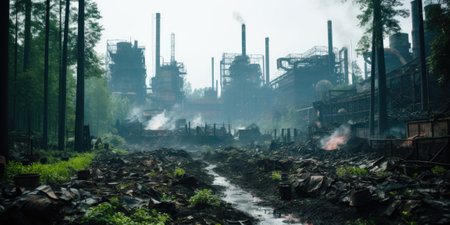 A factory in the middle of a forest with smoke coming out of it. AIの素材