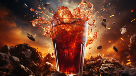 A glass of cola with a splash of liquid. AIの素材