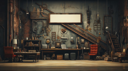 An old room with a desk, chairs and other items. AIの素材