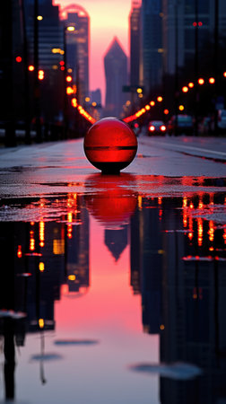 A reflection of a red ball in a puddle of water. AIの素材
