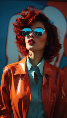 A woman with red hair and sunglasses. AIの素材