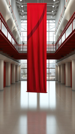 A red banner hanging in a large empty room. AIの素材