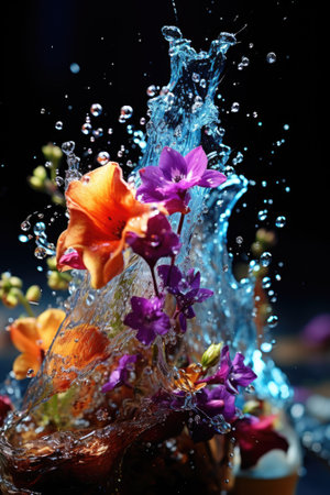 A flower is splashing water in a vase. AIの素材