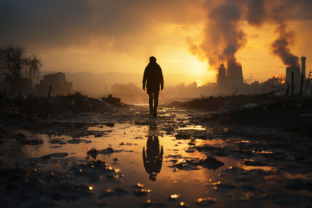 A man walking in front of a factory at sunset. AIの素材