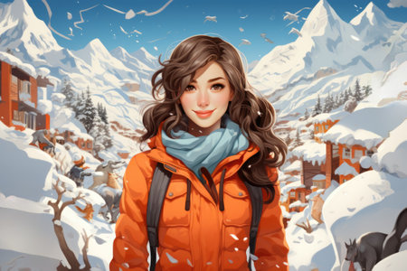 A girl in an orange jacket standing in front of a snowy mountain. AIの素材