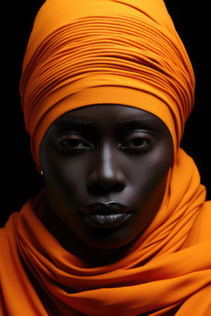 An african woman with an orange scarf on her head. AIの素材