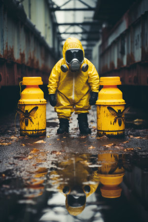 A man in a yellow suit and gas mask standing next to two yellow containers. AIの素材