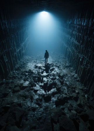 A man standing in the dark tunnel with a light coming from the top. AIの素材
