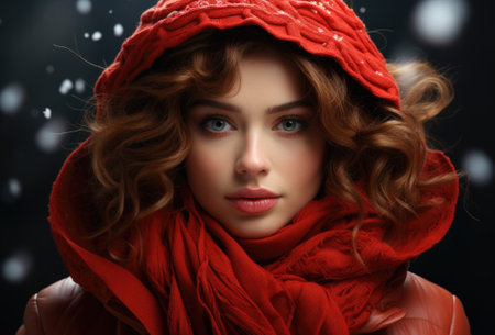 A beautiful woman in a red coat and scarf. AIの素材