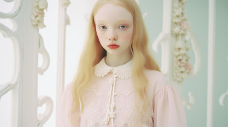 A young girl with long blonde hair wearing a pink dress. AIの素材