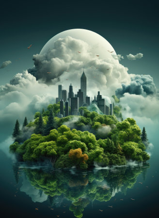 An island with a city in the middle surrounded by trees. AIの素材