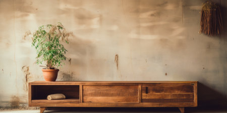 A wooden sideboard with a plant on it. AIの素材