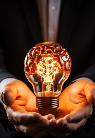 A man in a suit holding a light bulb with a brain inside. AIの素材