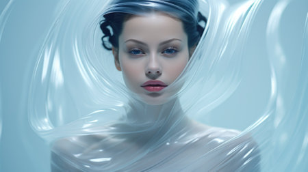 A woman in a plastic wrap with her face covered. AIの素材