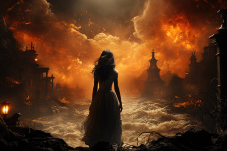 A woman standing in front of a burning city. AIの素材