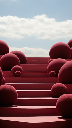 A red stairway with many red balls on it. AIの素材