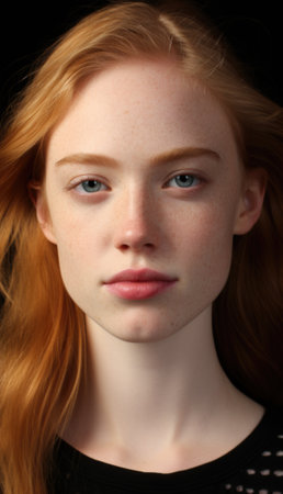 A young woman with red hair and blue eyes. AIの素材
