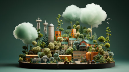 A 3d model of a city with trees and buildings. AIの素材