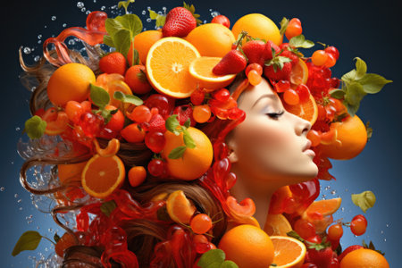 A woman with a head full of fruit. AIの素材