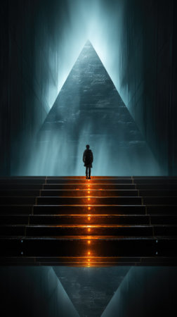 A man standing on the steps of a pyramid. AIの素材